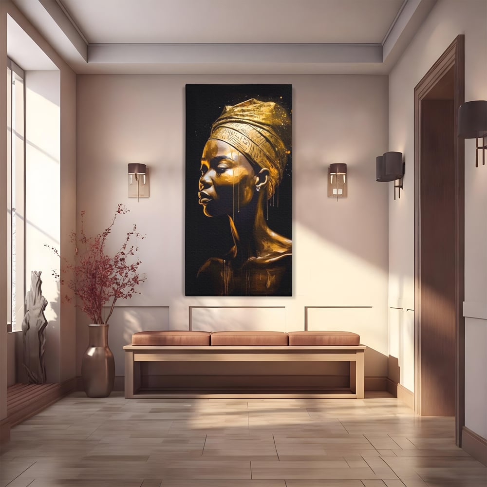 Tablou canvas cu tablou canvas cu femeie africana si turban auriu, fara rama, pe sasiu de lemn